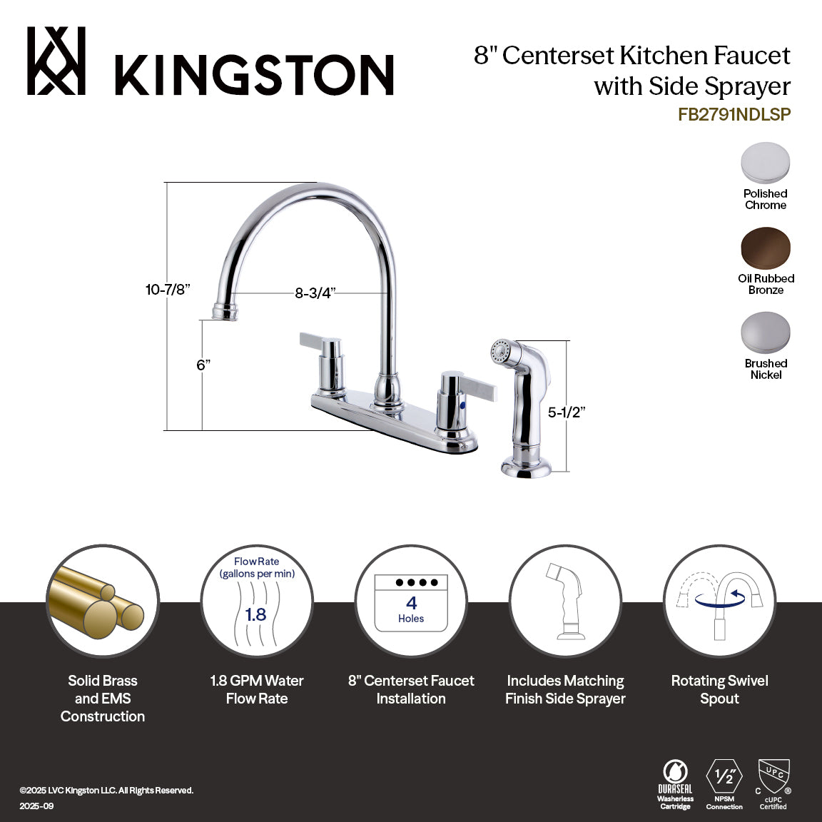 Kingston Tulare FB2791NDLSP - NuvoFusion Two-Handle 4-Hole 8" Centerset Kitchen Faucet with Side Sprayer, Polished Chrome — thumbnail 2